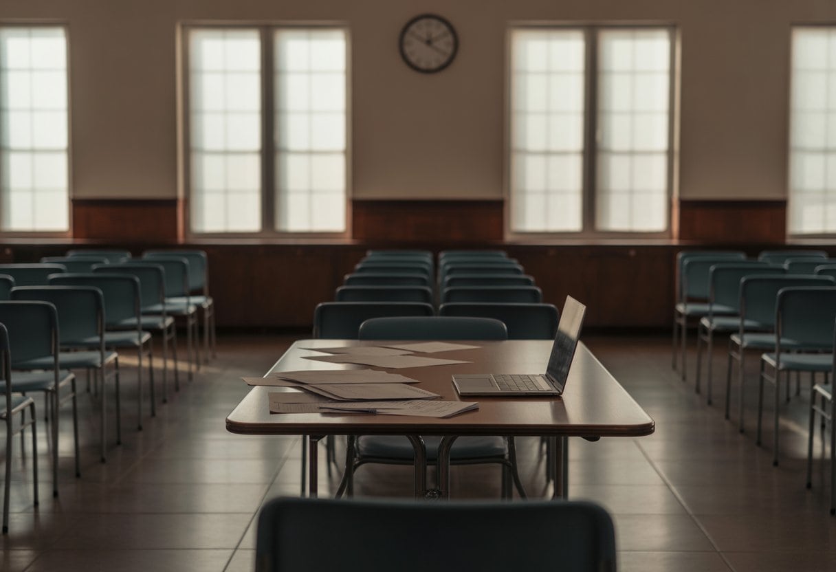 Leerer Versammlungsraum eines Vereins mit leeren Stühlen und einem Tisch mit Papieren, ohne Menschen.