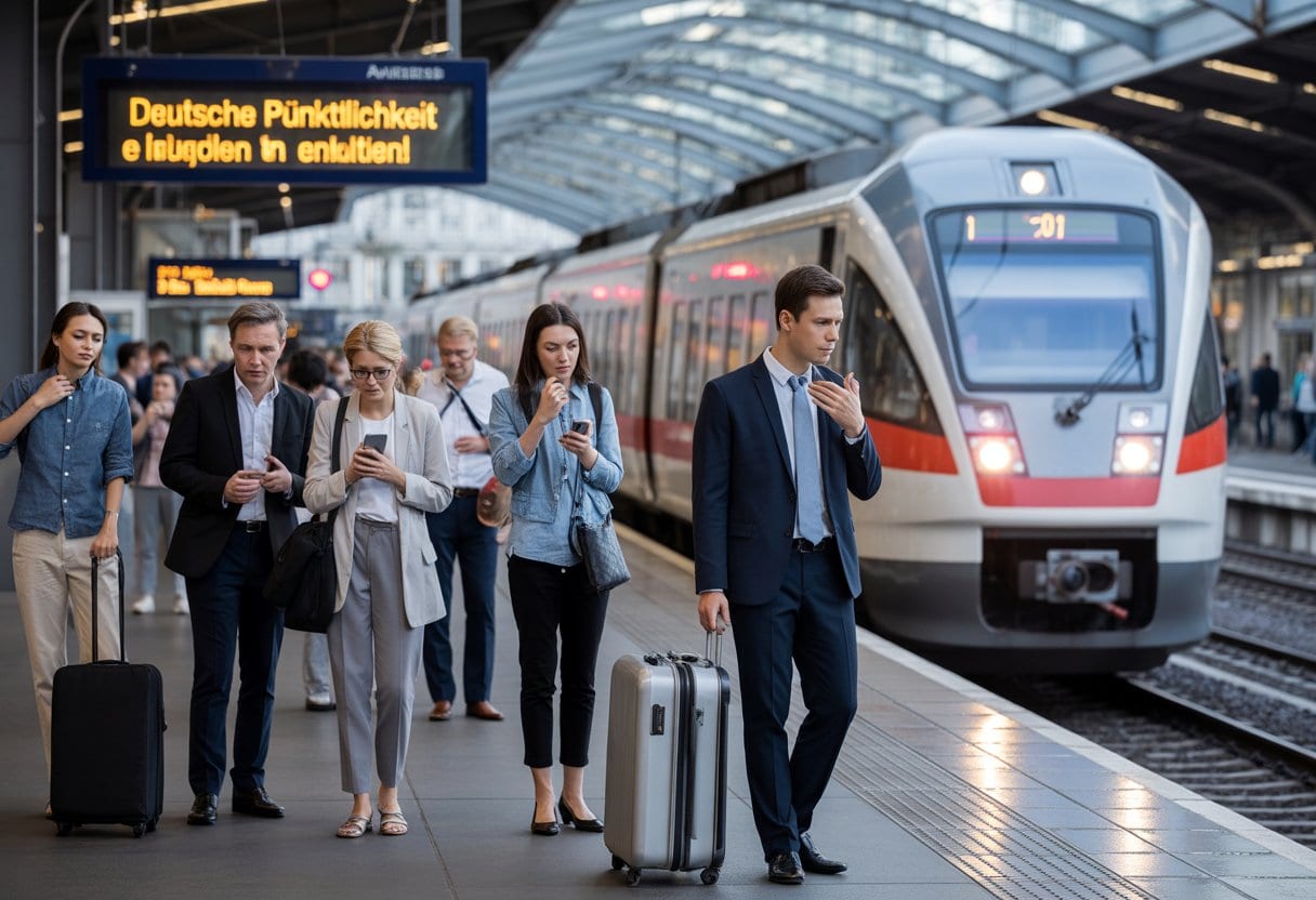 Ein moderner deutscher Bahnhof mit einem verspäteten Zug und wartenden Fahrgästen, die auf die Abfahrt warten.