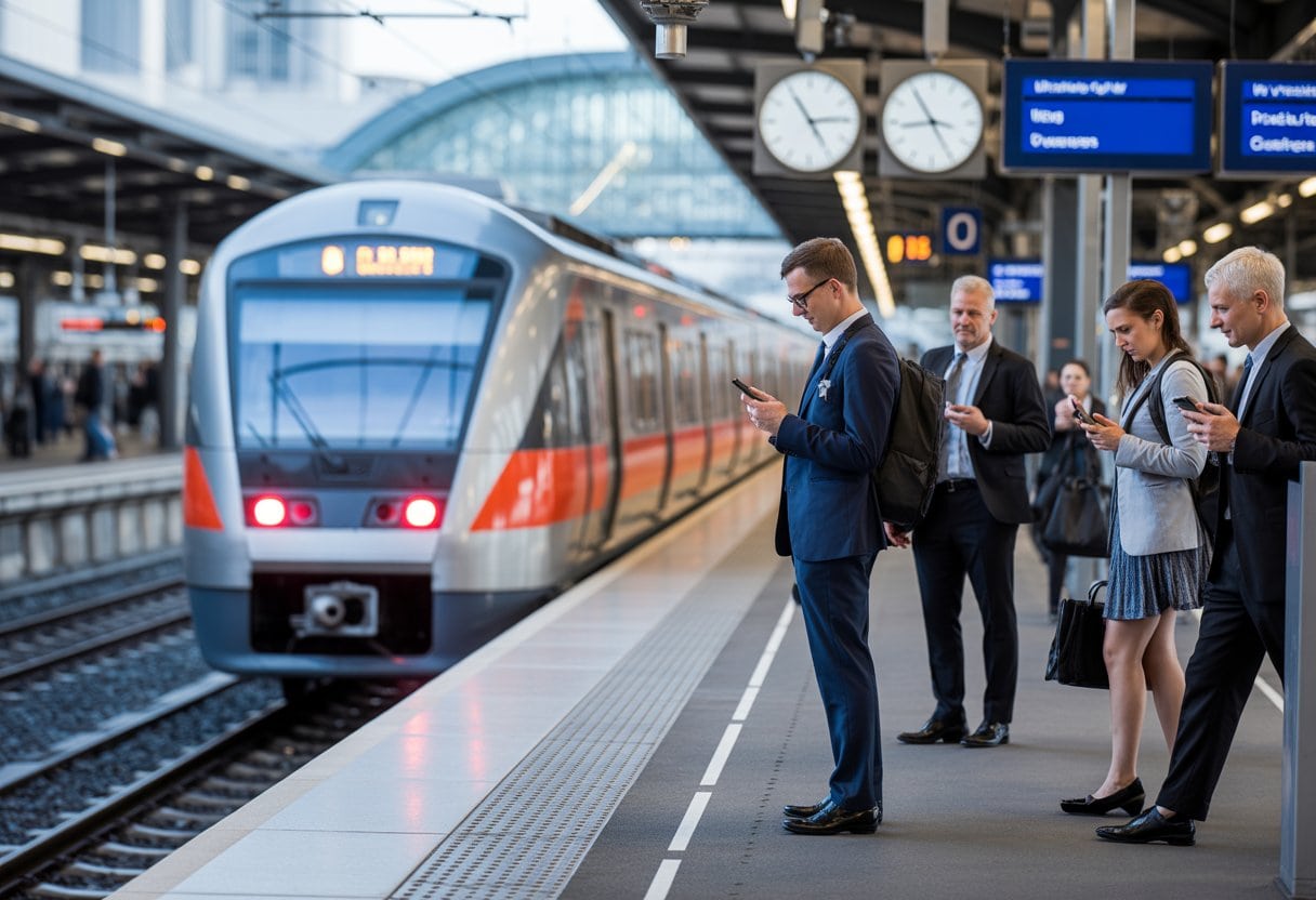 Ein moderner deutscher Bahnhof mit einem pünktlich ankommenden Zug und wartenden Reisenden auf dem Bahnsteig.