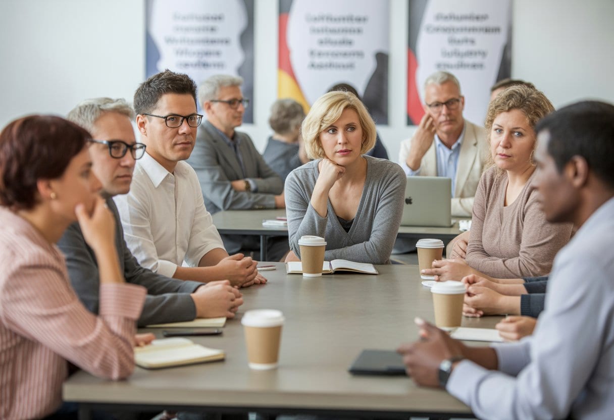 Eine Gruppe von Menschen sitzt in einem Besprechungsraum und diskutiert über ehrenamtliches Engagement und Vereinsarbeit.