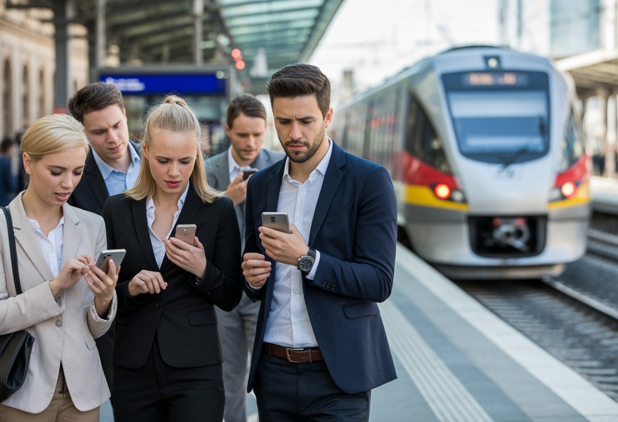 Menschen in Berufskleidung warten vor einem Bahnhof und schauen auf ihre Uhren, während ein Zug pünktlich einfährt.