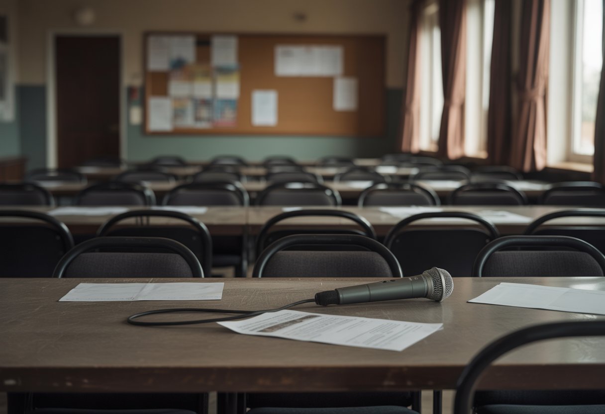 Ein leerer, dunkler Versammlungsraum mit leeren Stühlen und einem verlassenen Tisch ohne Menschen.