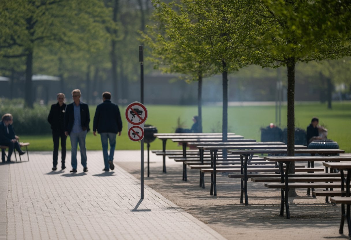 Ein ruhiger Park mit leeren Grillstellen und Menschen, die entspannt sitzen oder spazieren gehen, ohne zu feiern.