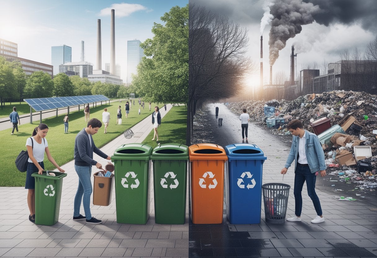 Geteiltes Bild: Auf der einen Seite eine saubere Stadt mit Menschen, die Müll recyceln, auf der anderen Seite überfüllte Mülltonnen und verschmutzte Straßen.