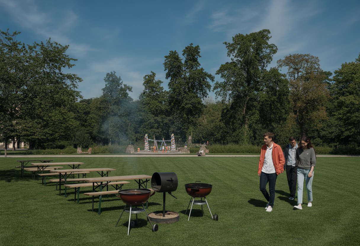Öffentlicher Park mit leeren Grillstellen und wenigen Spaziergängern an einem sonnigen Tag.