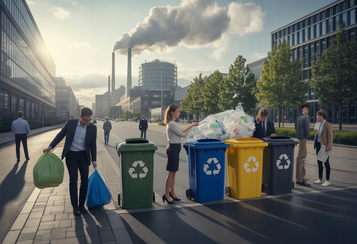 Menschen sortieren Müll vor einer Straße mit Recyclingbehältern, im Hintergrund eine Fabrik mit Rauch.