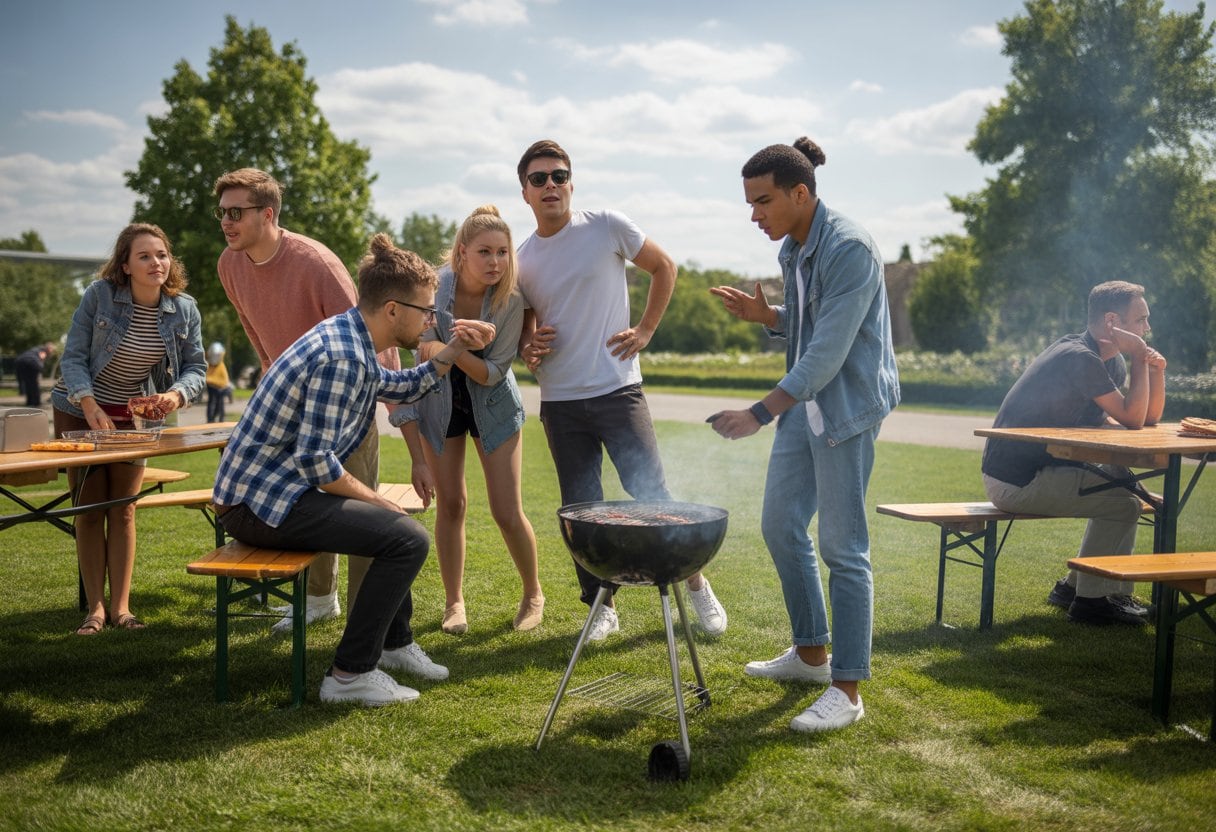 Menschen in einem Park, einige versuchen zu grillen, andere schauen besorgt, was eine Debatte über Freiheit und Regulierung symbolisiert.