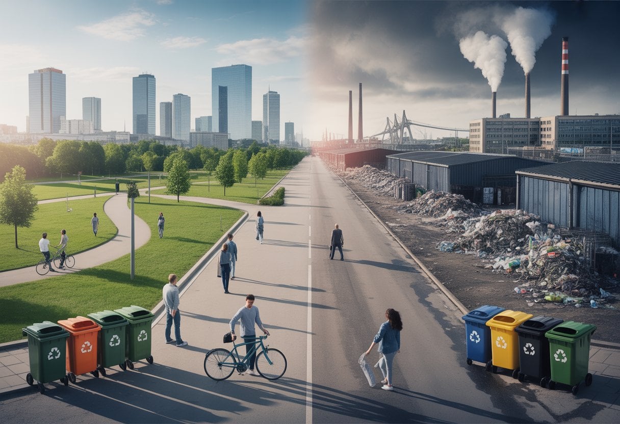 Geteiltes Bild mit einer sauberen Stadt und grünen Parks auf der einen Seite und einer verschmutzten Industrieanlage mit Müll und Rauch auf der anderen Seite.