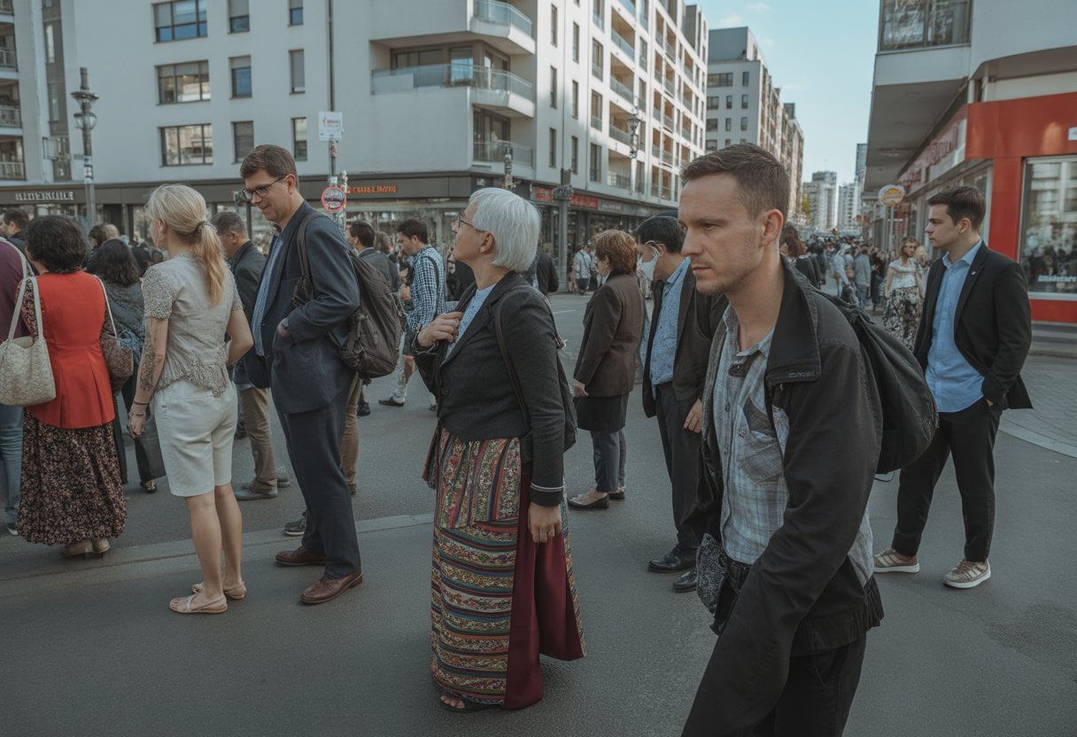 Straßenszene in einer deutschen Stadt mit verschiedenen Personengruppen, die getrennt voneinander stehen und unterschiedliche Kleidung tragen.