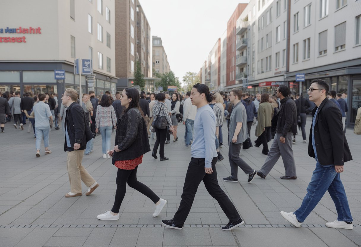 Städtische Szene mit Menschen unterschiedlicher Herkunft, die getrennt voneinander in einem deutschen Viertel unterwegs sind.