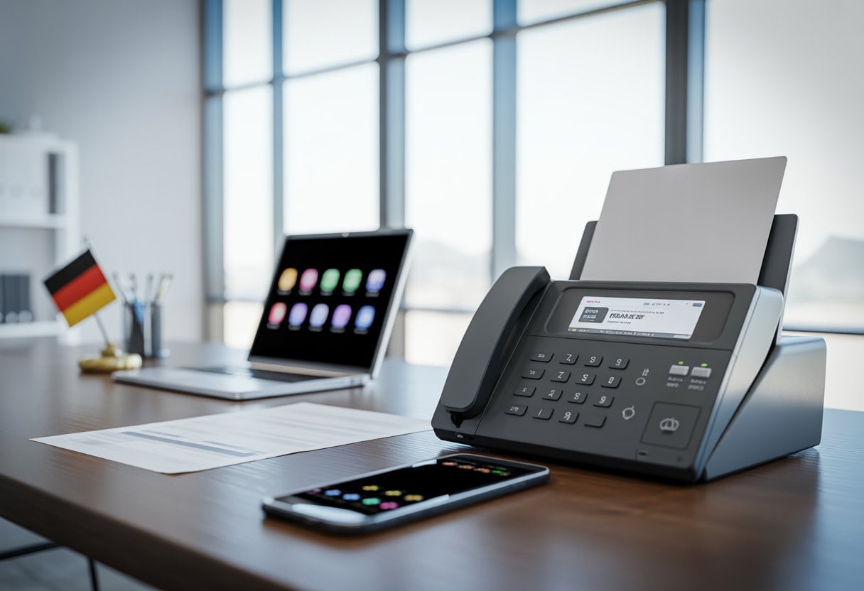 Ein Büro mit einem alten Faxgerät auf einem Schreibtisch und moderner Computertechnik im Hintergrund.