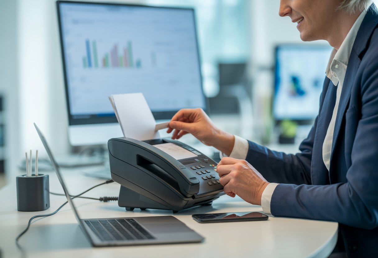 Ein Büro mit einem Faxgerät auf dem Schreibtisch neben einem Laptop, ein Mitarbeiter arbeitet am Faxgerät.