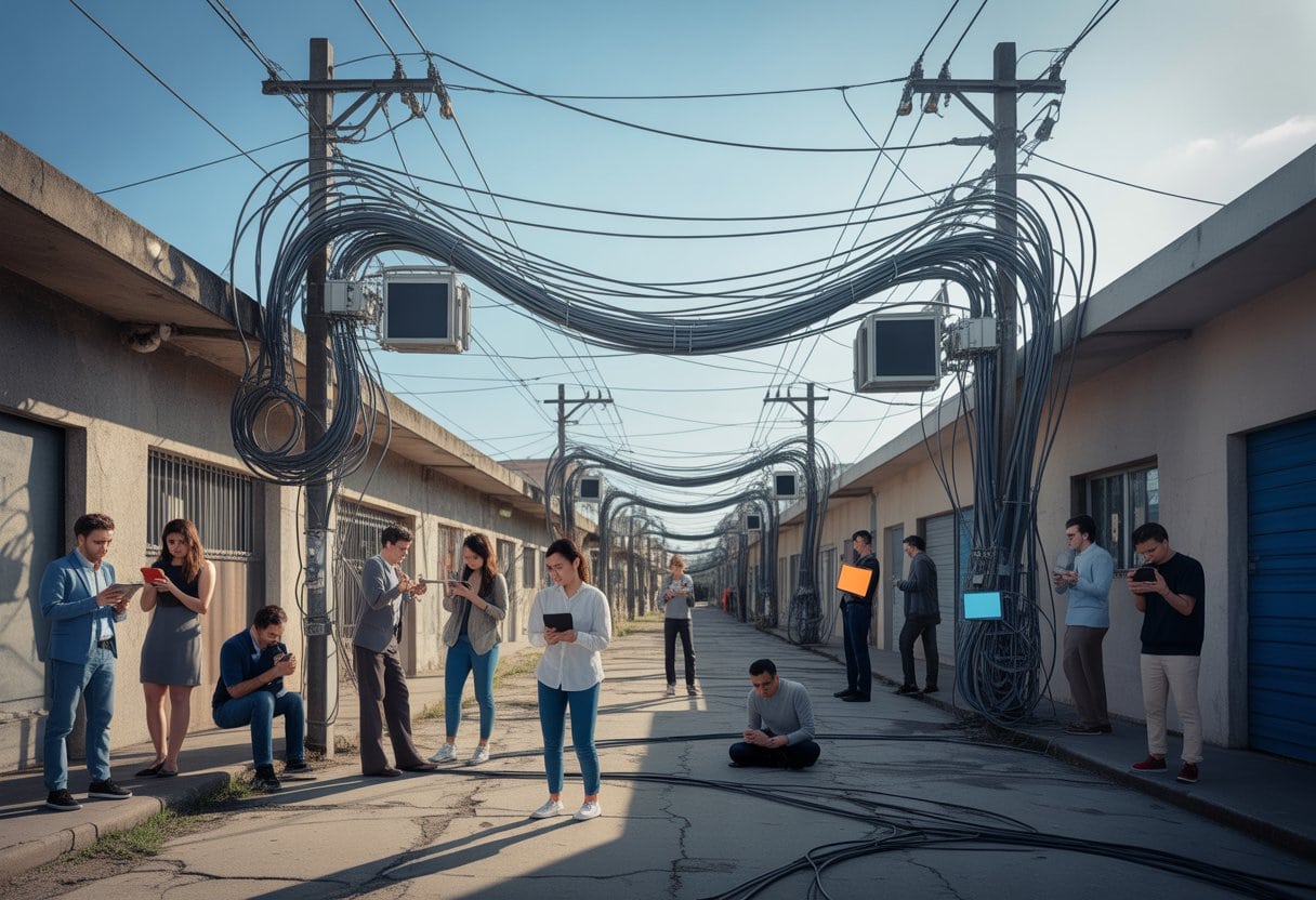 Menschen in einer Stadt mit veralteter Internetinfrastruktur, die auf langsame Verbindungen warten.