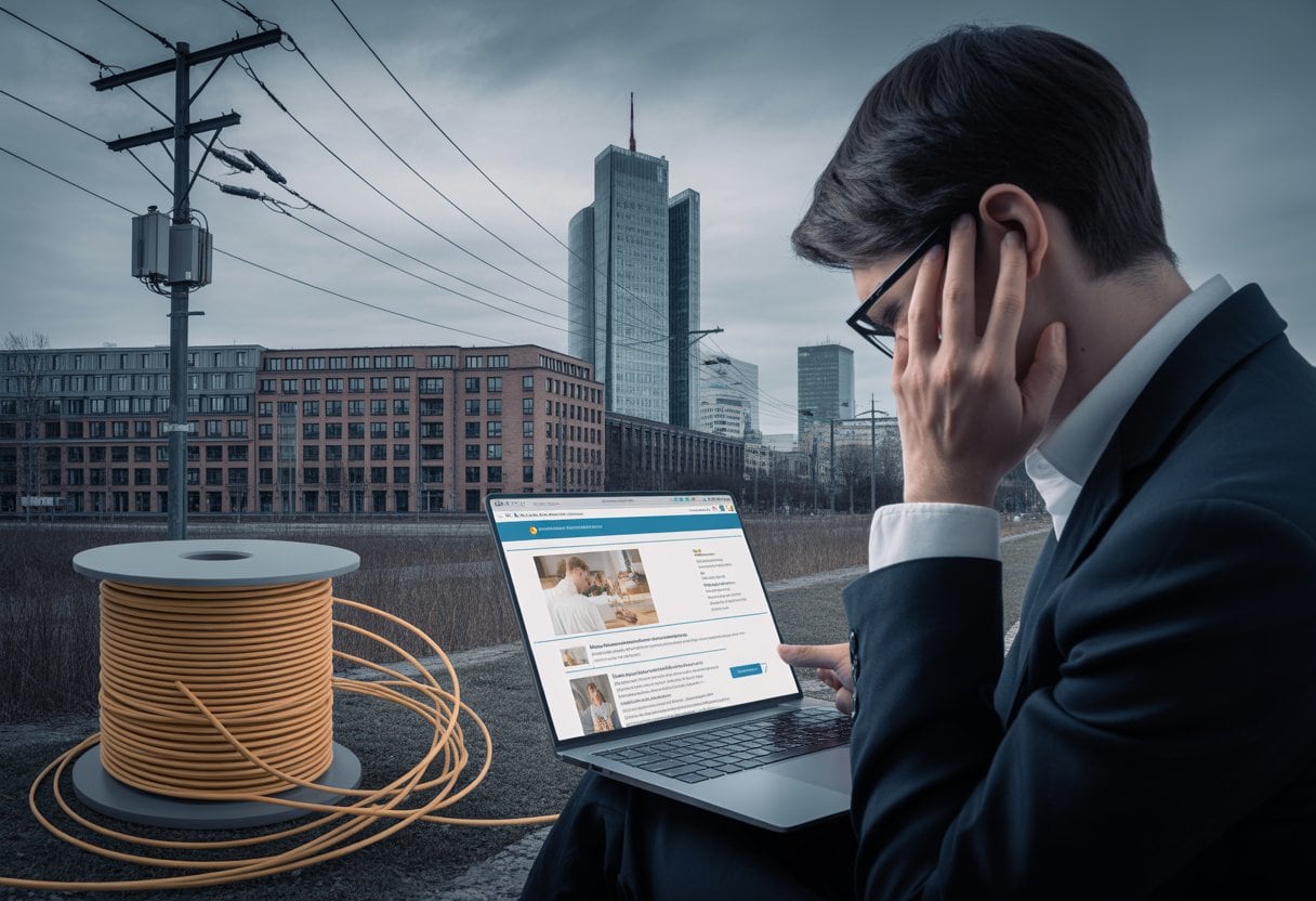 Person schaut frustriert auf Laptop in einer deutschen Stadt mit sichtbarer veralteter Internetinfrastruktur im Hintergrund.