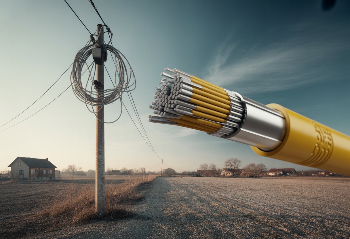 Ländliche Landschaft mit alten Telefonmasten und unvollständiger Glasfaserinstallation, die begrenzte Internetverbindung symbolisiert.