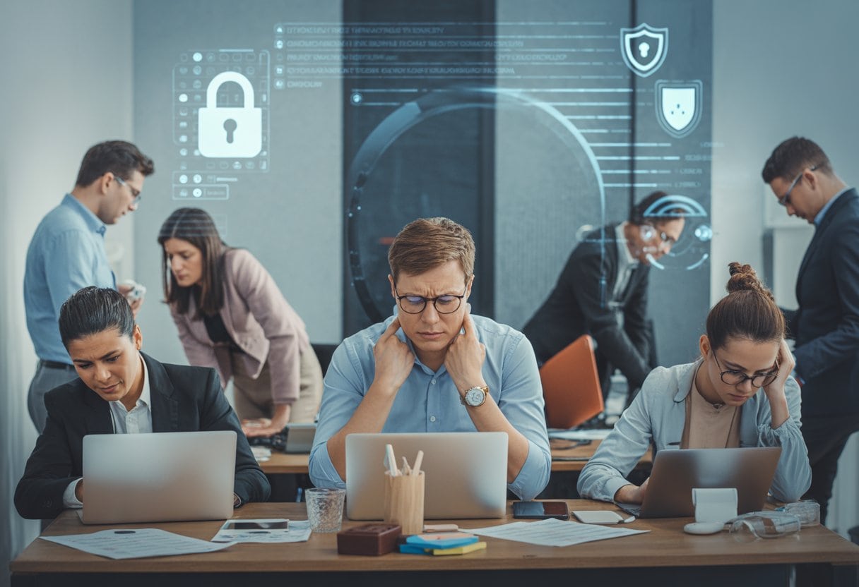 Junge Fachkräfte in einem Startup-Büro wirken angespannt und frustriert, umgeben von Computern und Dokumenten, mit Symbolen für Datenschutz im Hintergrund.