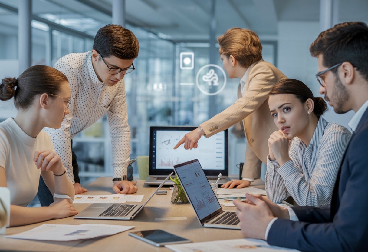 Ein Team junger Berufstätiger diskutiert ernsthaft in einem modernen Büro über Datenschutz und Innovation.
