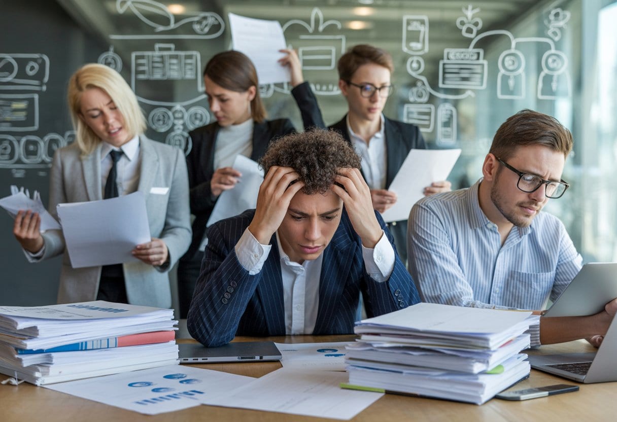 Mehrere junge Fachleute in einem Büro wirken gestresst und überfordert, umgeben von Laptops und Papierstapeln mit Dokumenten, die Datenschutz und Bürokratie symbolisieren.