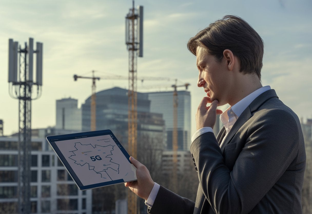 Eine Person betrachtet nachdenklich ein Tablet mit einer 5G-Netzkarte vor einer deutschen Stadt mit Mobilfunkmasten und Baustellen im Hintergrund.