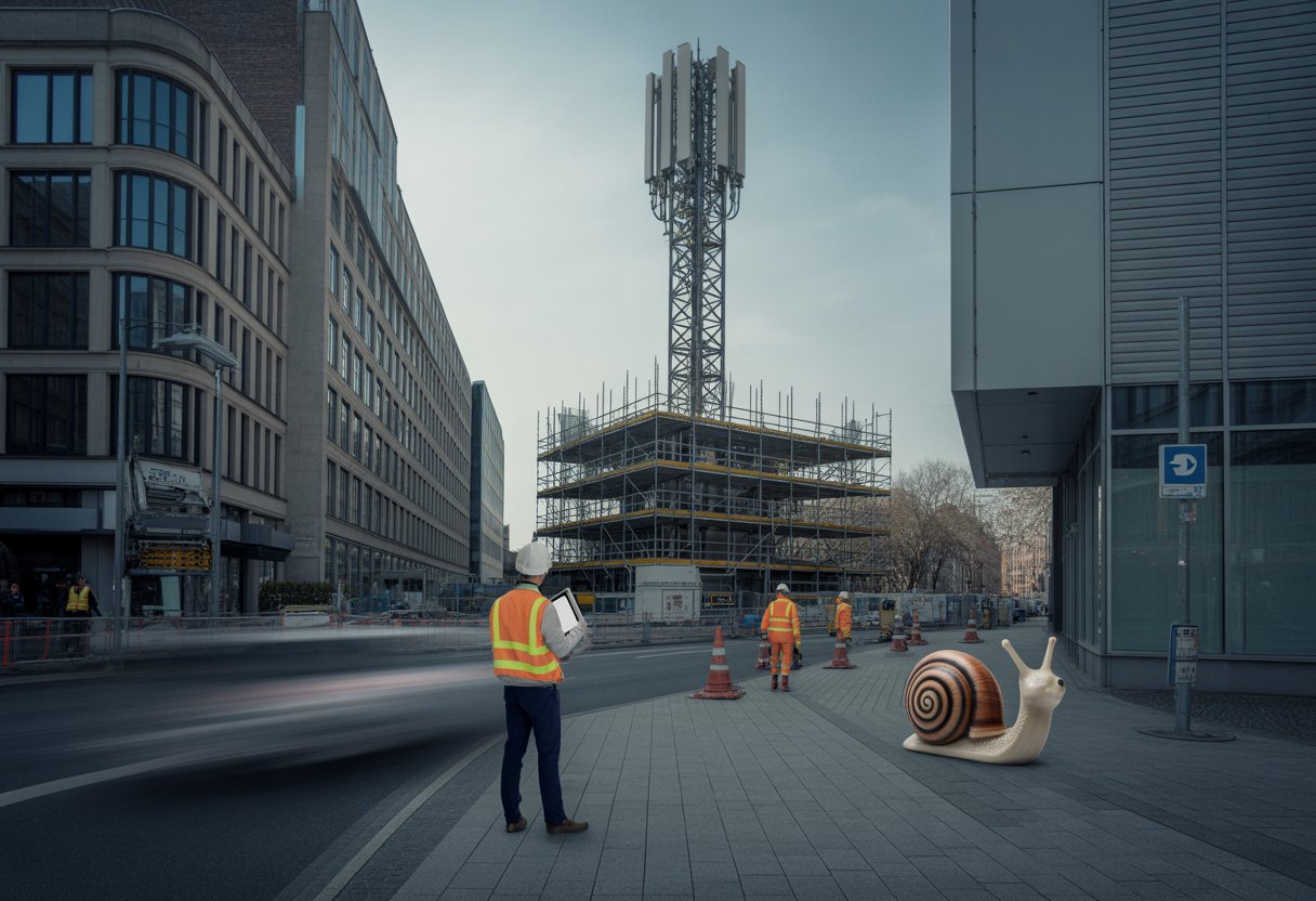 Baustelle eines 5G-Mastes in einer Stadt mit Bauarbeitern und einem Techniker, der Pläne überprüft.