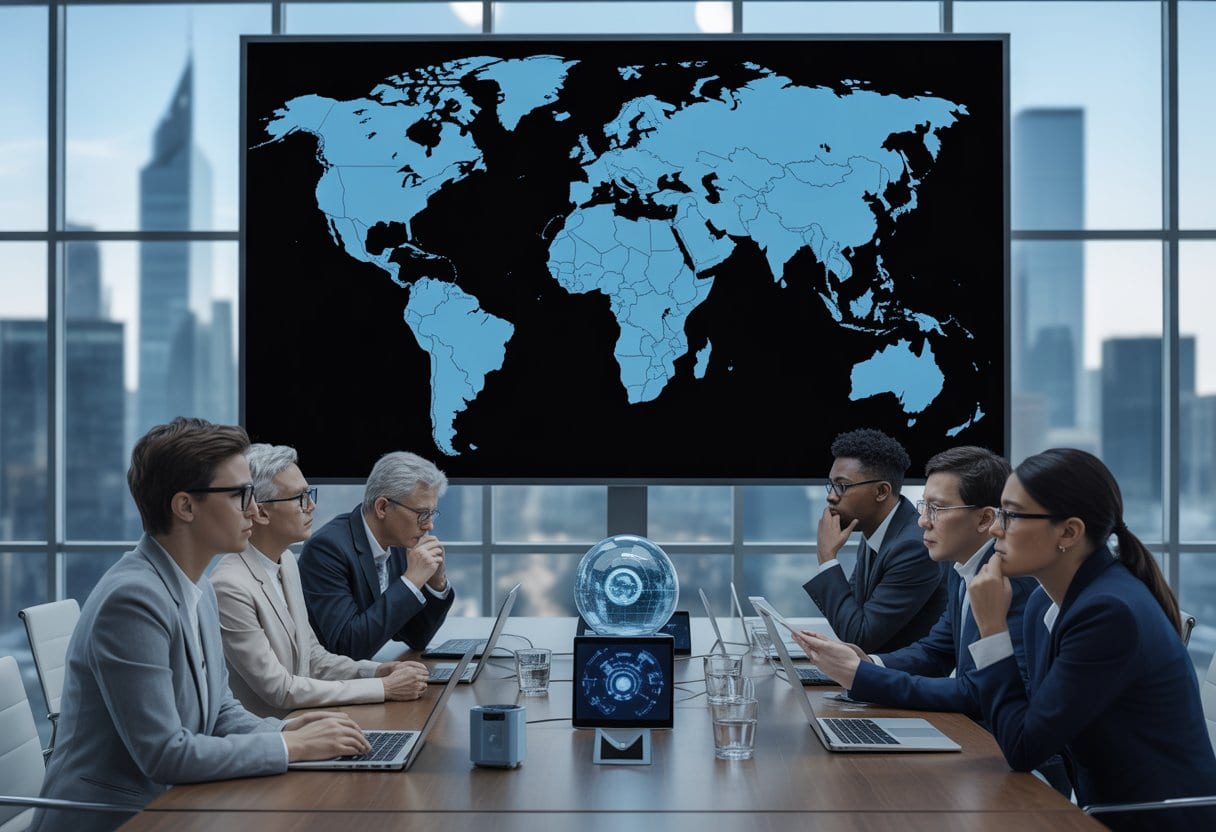 Eine Gruppe von Fachleuten in einem modernen Büro schaut besorgt auf einen digitalen Weltkartenbildschirm, der globale KI-Technologiezentren zeigt, Deutschland jedoch auslässt.