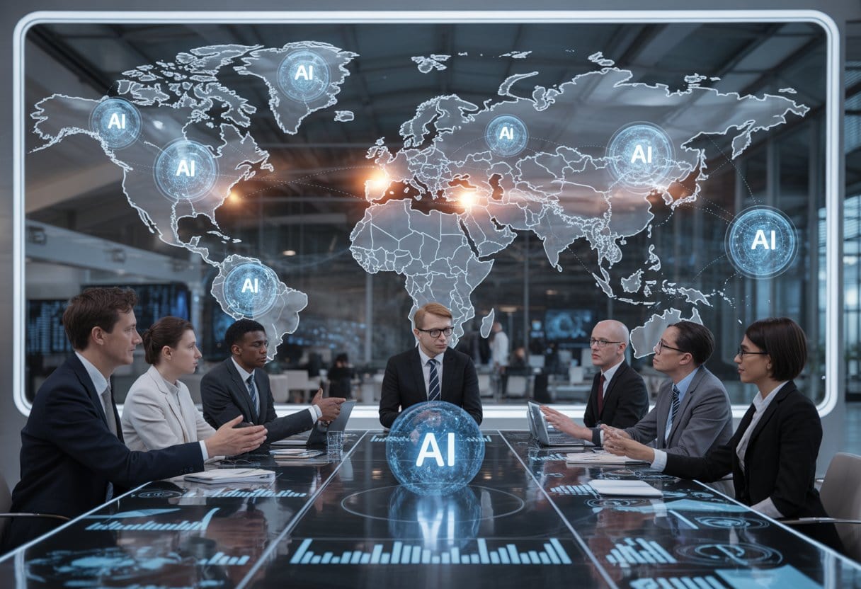 Ein modernes Büro mit Fachleuten, die um einen digitalen Tisch stehen, auf dem holografische Daten und eine Weltkarte mit leuchtenden Technologie-Symbolen zu sehen sind.