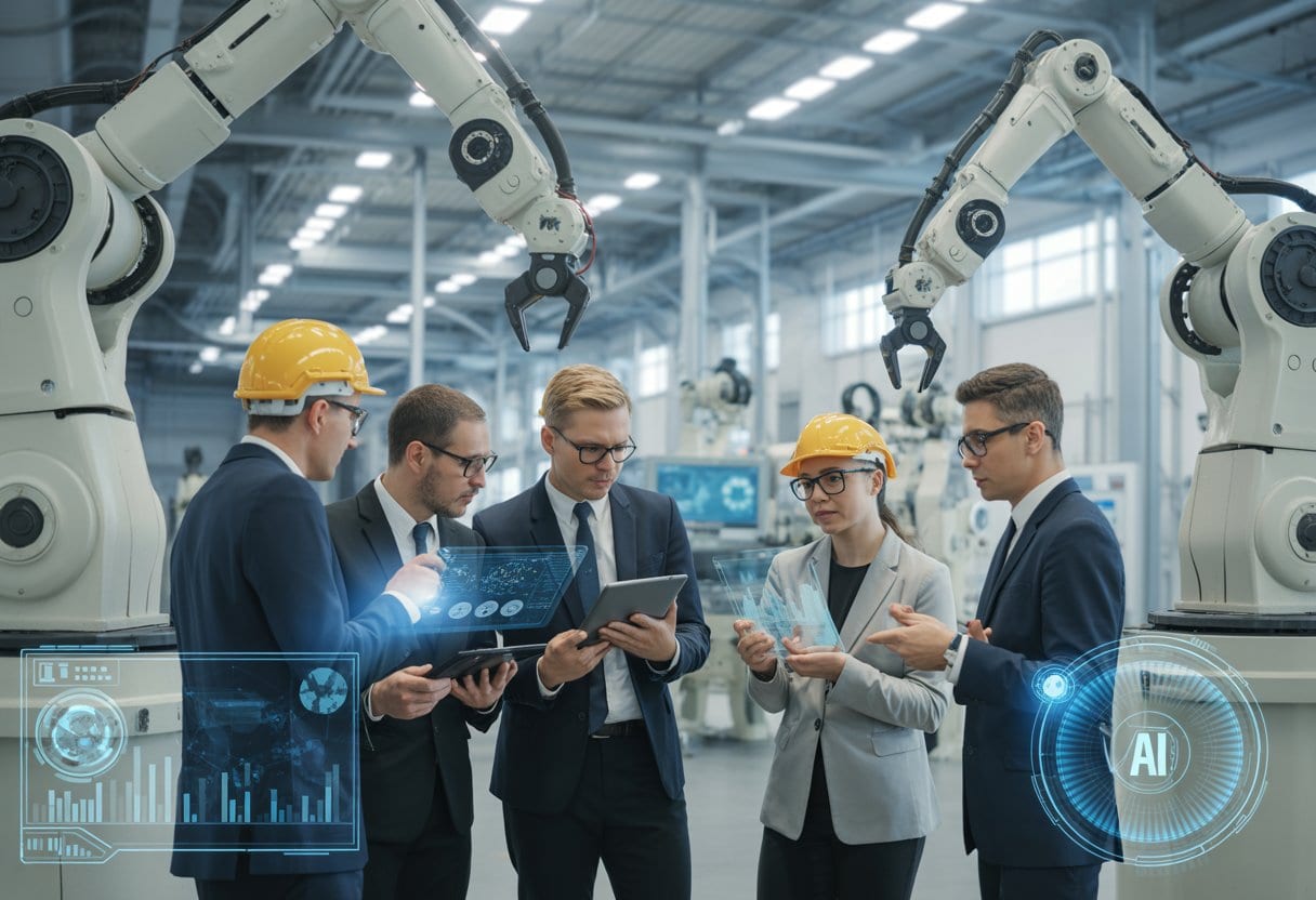 Eine Gruppe von Fachleuten in einer modernen Fabrikumgebung, die digitale Daten auf Bildschirmen analysieren und über industrielle Automatisierung diskutieren.