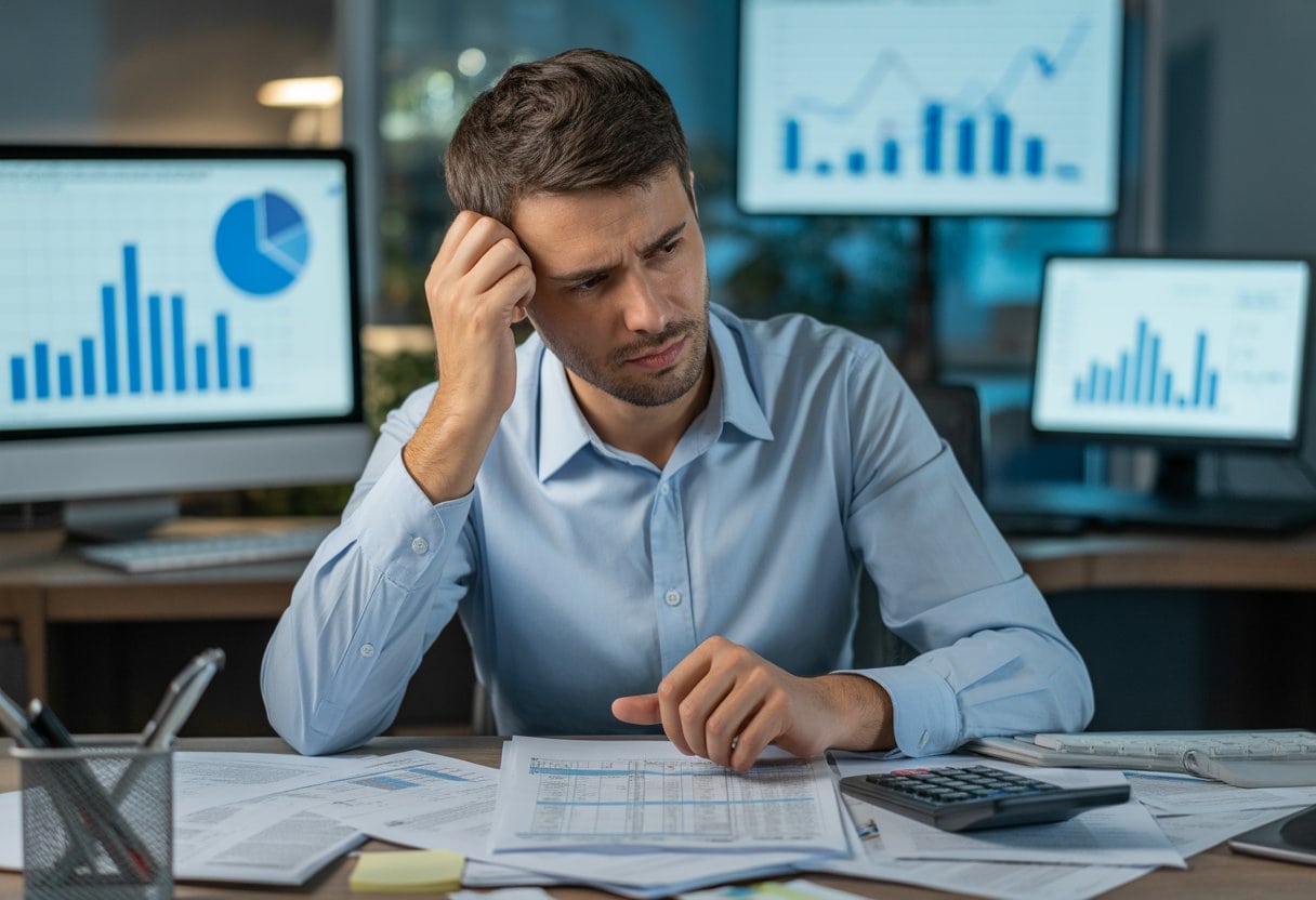 Ein gestresster deutscher Büroangestellter sitzt an einem Schreibtisch mit vielen Papieren und einem Taschenrechner und wirkt besorgt.