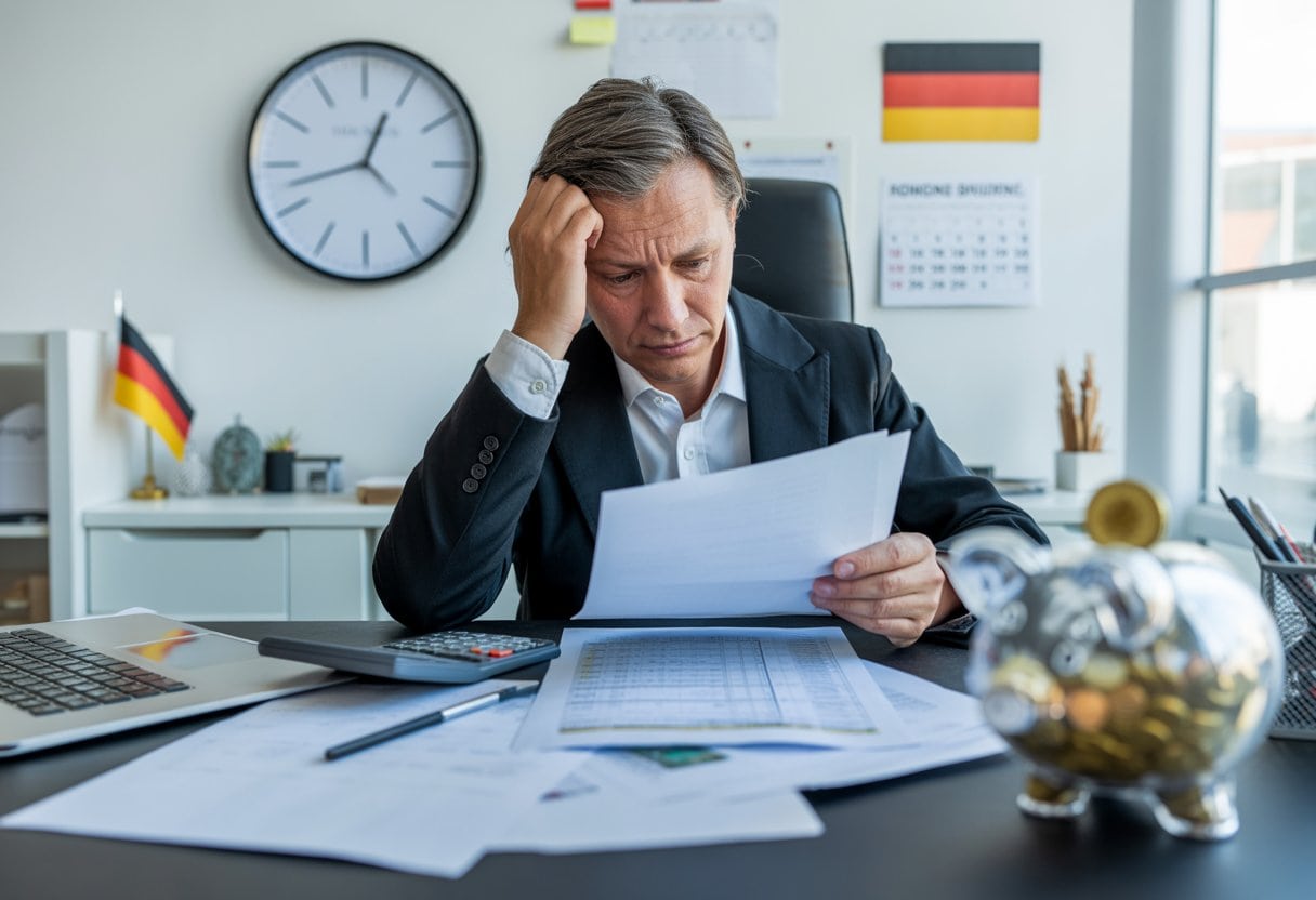 Ein gestresster deutscher Arbeitnehmer sitzt an einem Schreibtisch mit Steuerunterlagen und Taschenrechner, umgeben von Bürobedarf und einer Uhr im Hintergrund.