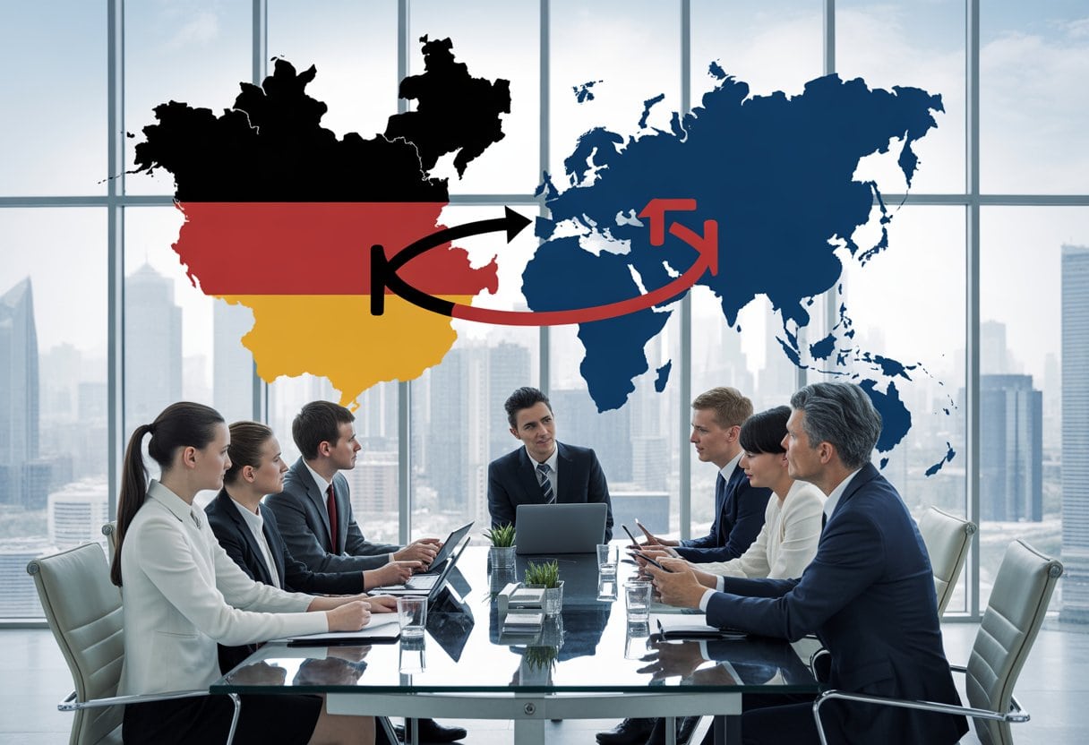 Geschäftsleute aus Deutschland und China arbeiten gemeinsam in einem modernen Büro mit einer Weltkarte im Hintergrund, die Deutschland und China verbindet.