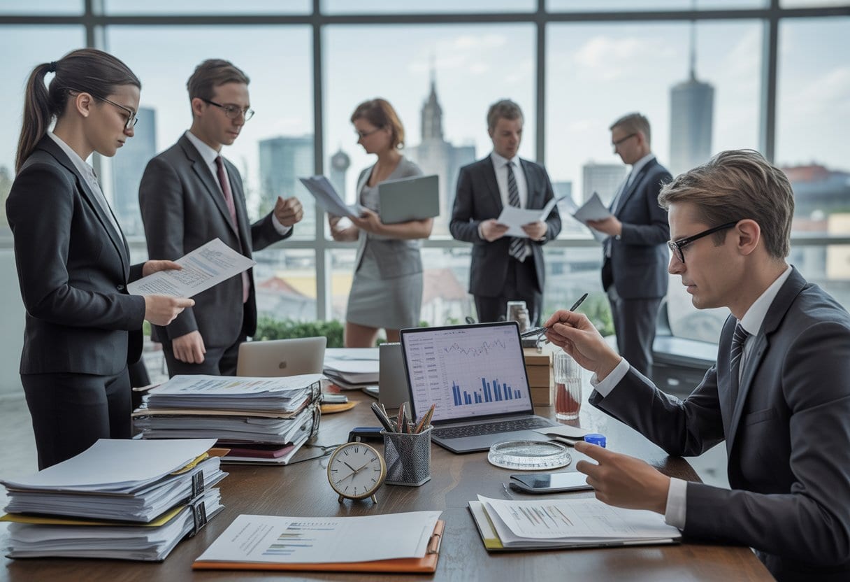 Geschäftsleute in einem Büro arbeiten mit vielen Dokumenten und diskutieren über finanzielle Daten.
