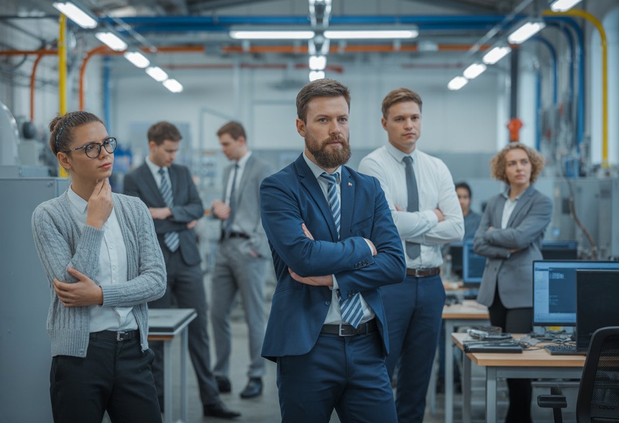 Mehrere Menschen in einem modernen Arbeitsumfeld, einige konzentriert, andere abgelenkt, symbolisieren den Fachkräftemangel in Deutschland.