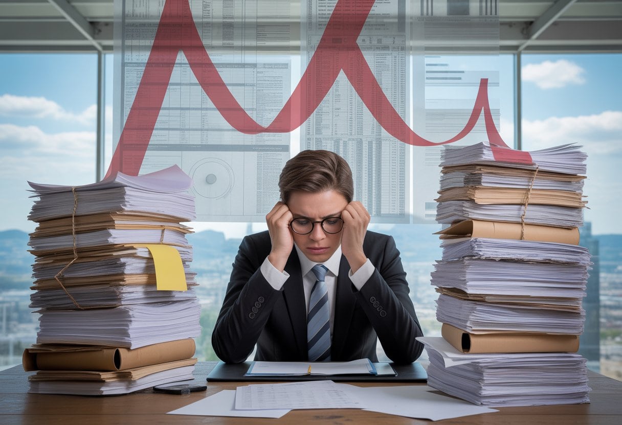 Ein gestresster Geschäftsmann sitzt an einem Schreibtisch voller Papierstapel in einem modernen Büro mit Blick auf eine Stadt.
