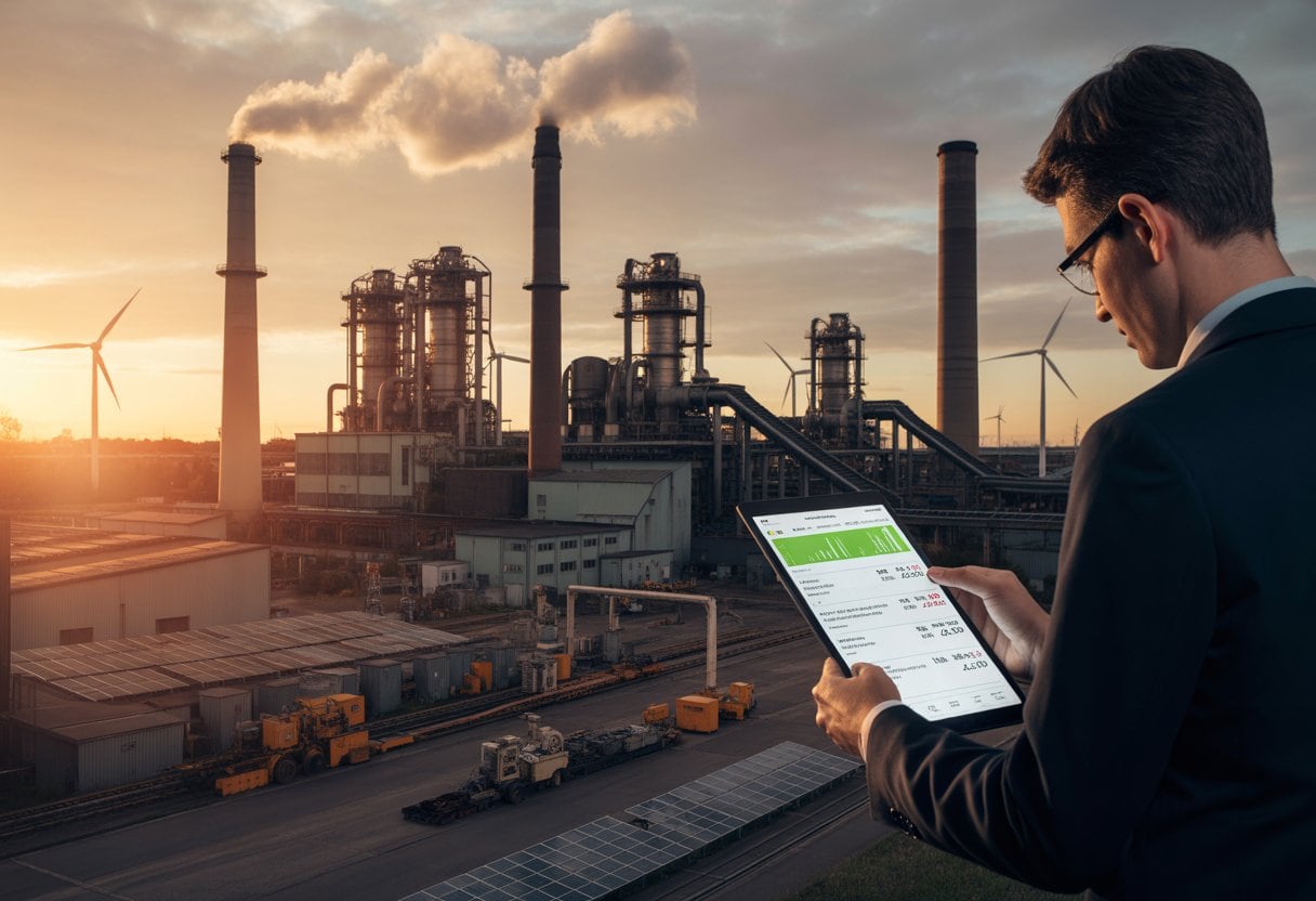Eine Fabrik mit stillstehenden Maschinen und ein besorgter Manager, der Energierechnungen überprüft, im Hintergrund Windräder und Solarpanels.