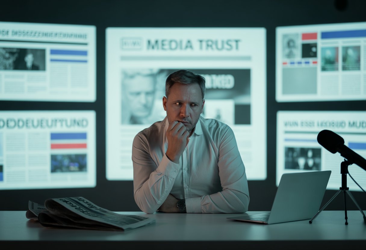 Ein nachdenklicher Mann sitzt an einem Schreibtisch vor mehreren Bildschirmen mit verschwommenen Nachrichten.