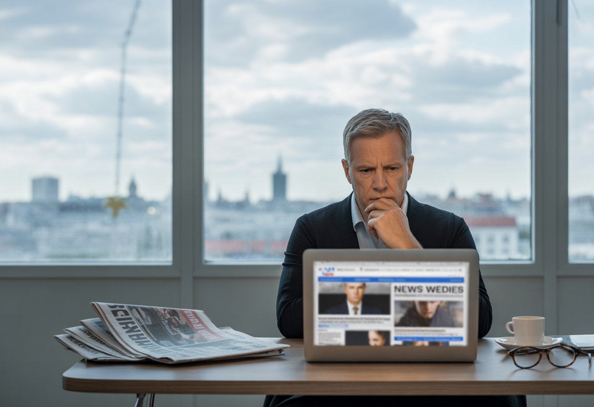 Ein nachdenklicher Mann sitzt allein an einem Schreibtisch vor einem Laptop, umgeben von Zeitungen, mit einem verschwommenen Berliner Stadtbild im Hintergrund.