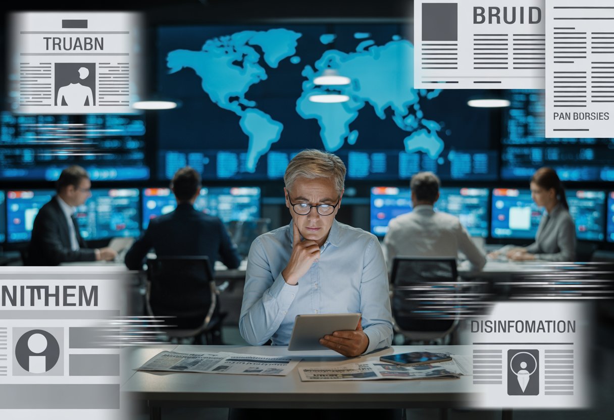 Journalisten in einem modernen Nachrichtenbüro arbeiten konzentriert an Computern und Tablets, umgeben von Symbolen für Wahrheit und Desinformation.