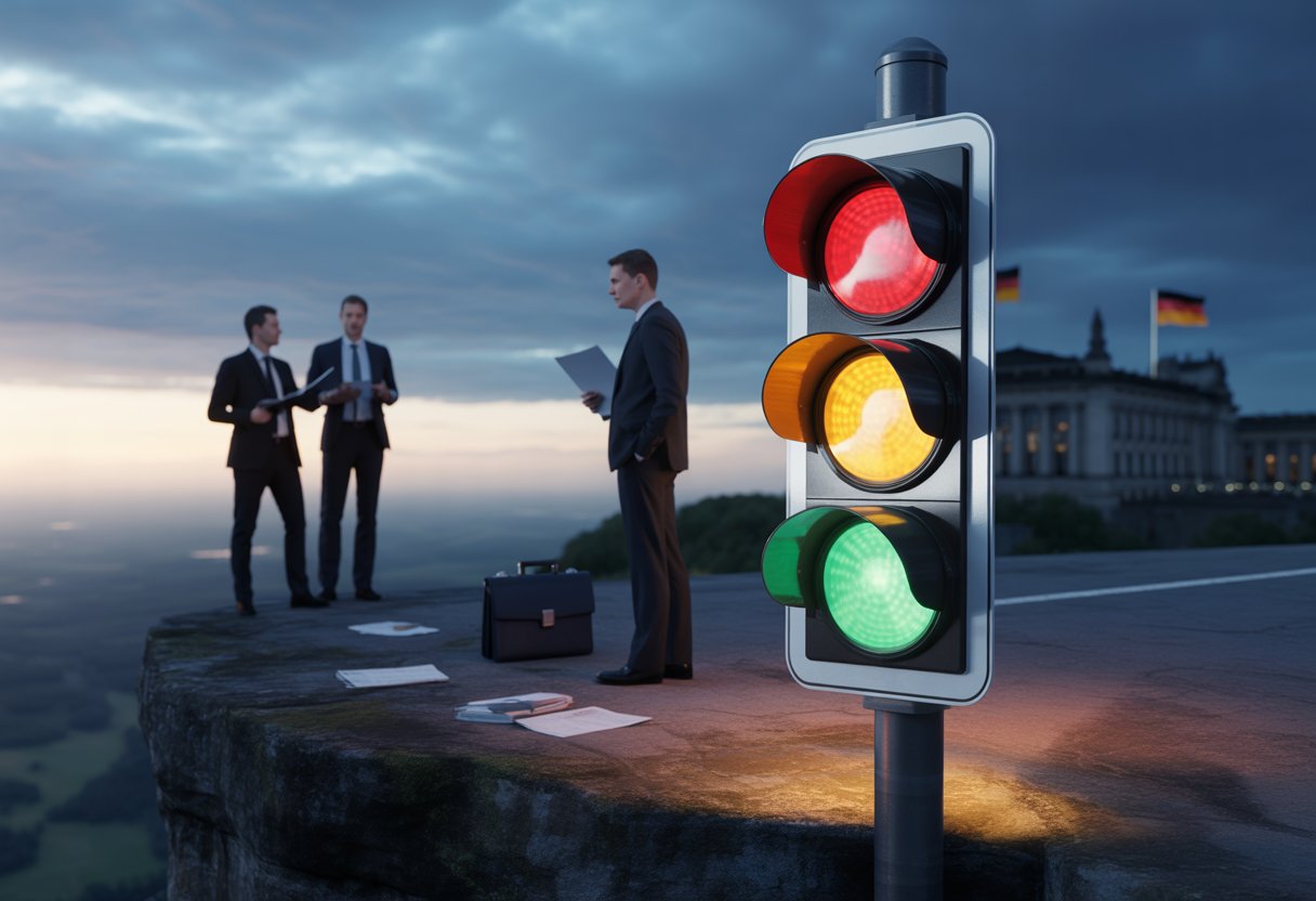 Verkehrsampel am Rande einer Klippe bei Dämmerung, im Hintergrund drei Personen in ernster Diskussion und ein Gebäude, das an den Bundestag erinnert.