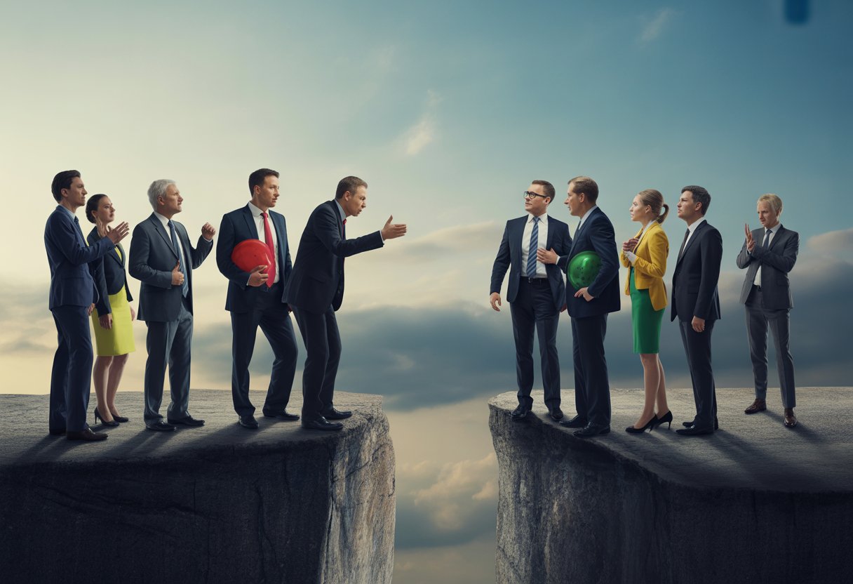 Mehrere Politiker stehen ernst und diskutierend am Rand einer Klippe mit dramatischem Himmel im Hintergrund.