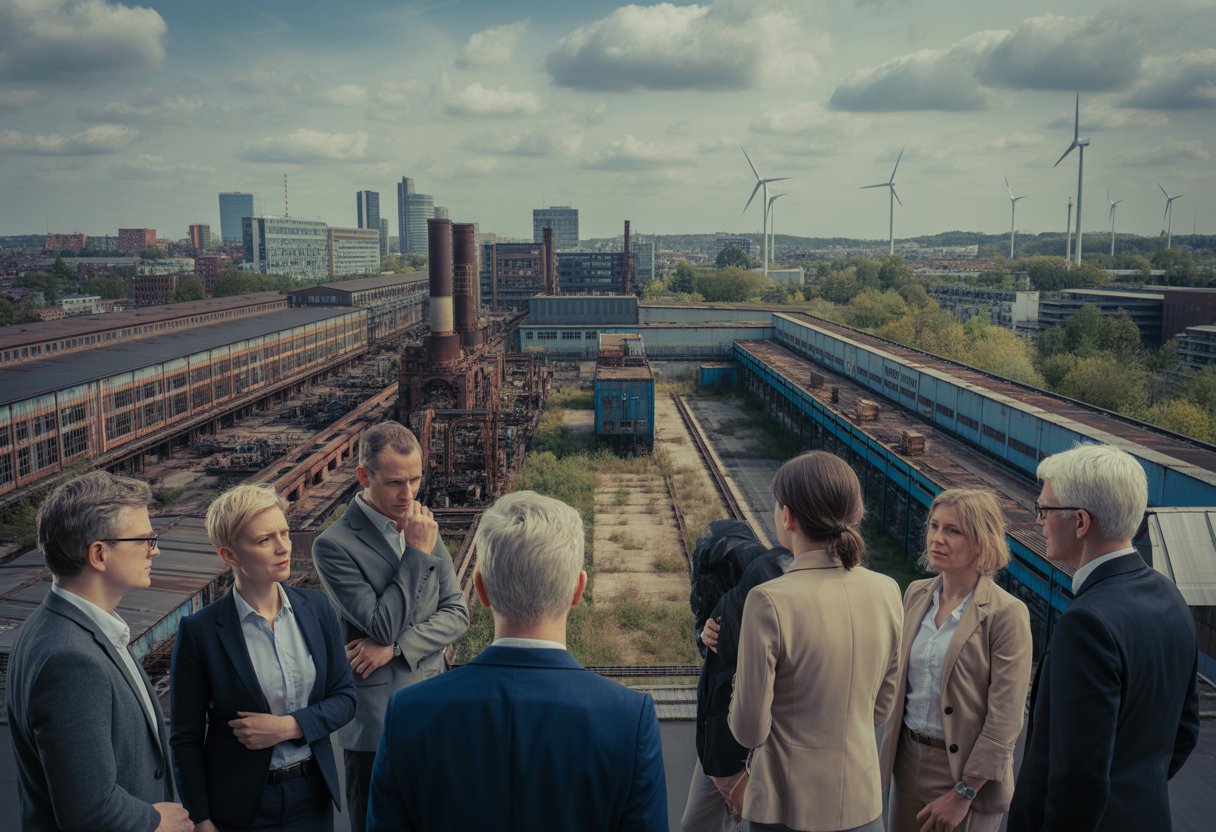 Eine Gruppe von Menschen steht vor einem verlassenen Industriegebäude mit rostenden Maschinen, im Hintergrund sind moderne Gebäude und Windräder zu sehen.