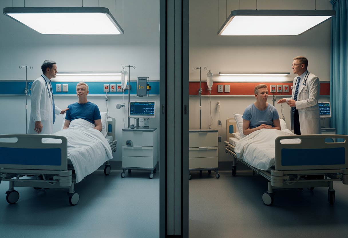 Zwei nebeneinander gezeigte Krankenhauszimmer: eines modern und gut ausgestattet mit einem Arzt und einem wohlhabenden Patienten, das andere einfach und überfüllt mit einem besorgten Patienten.