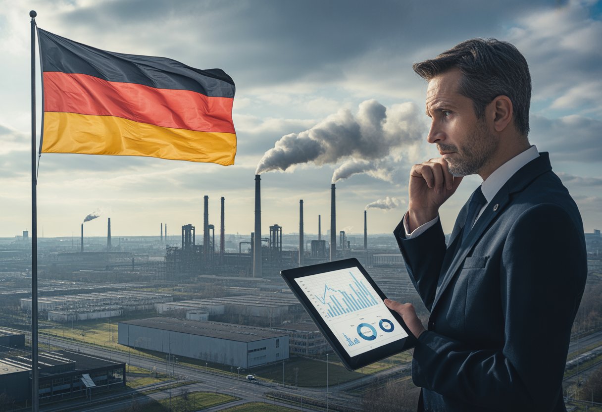 Ein besorgter Geschäftsmann steht vor einer Industrieanlage mit rauchenden Fabrikschornsteinen und einer deutschen Flagge im Hintergrund.