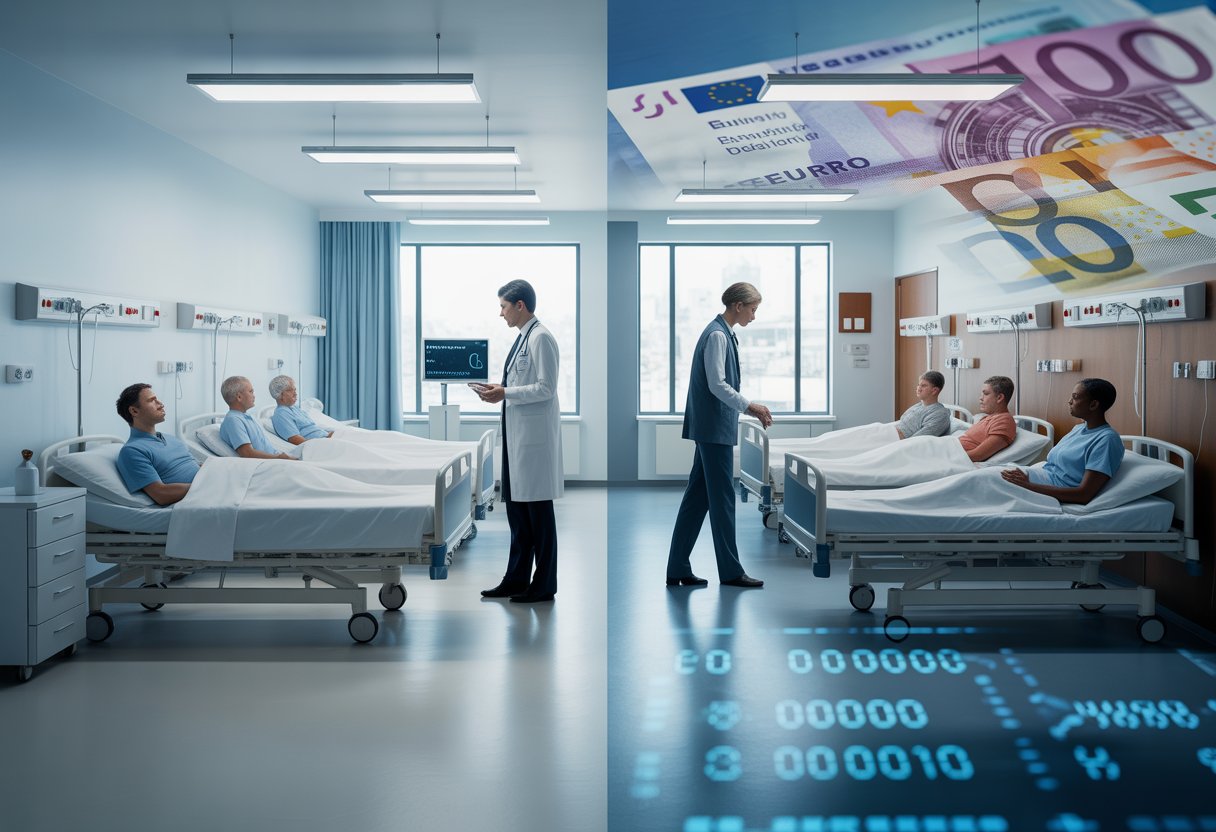 Zwei nebeneinander gezeigte Krankenhausbereiche, links ein moderner privater Raum mit einem Arzt und Patient, rechts eine einfache öffentliche Station mit mehreren Patienten und einer Krankenschwester.