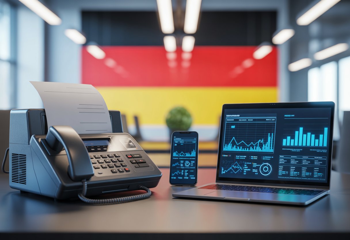 Ein Büro mit einem alten Faxgerät neben einem modernen Laptop und Smartphone, im Hintergrund ist eine deutsche Flagge zu sehen.