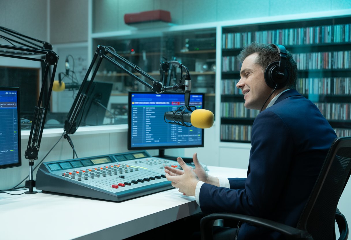 Ein Radiostudio mit einem Moderator, der gelangweilt vor einem Mischpult sitzt, umgeben von Bildschirmen und Radiogeräten.