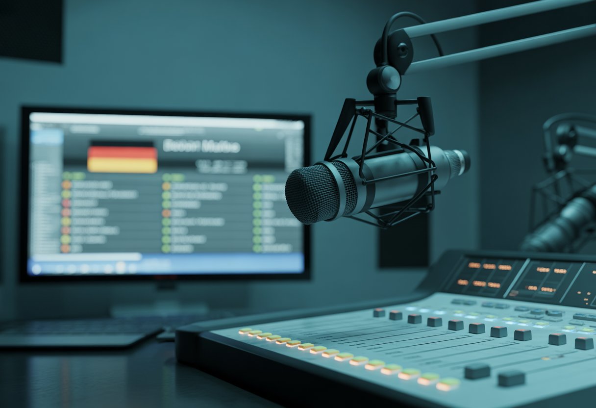 Ein modernes Radiostudio mit Mischpult und Mikrofonen, im Hintergrund ein Bildschirm mit einer Playlist, die überwiegend internationale Musik zeigt, während deutsche Musik kaum sichtbar ist.