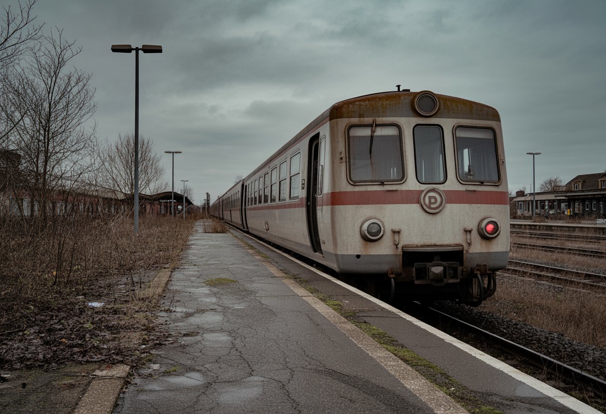 Ein alter, stillstehender Zug der Deutschen Bahn an einem verlassenen, verwitterten Bahnsteig unter grauem Himmel.