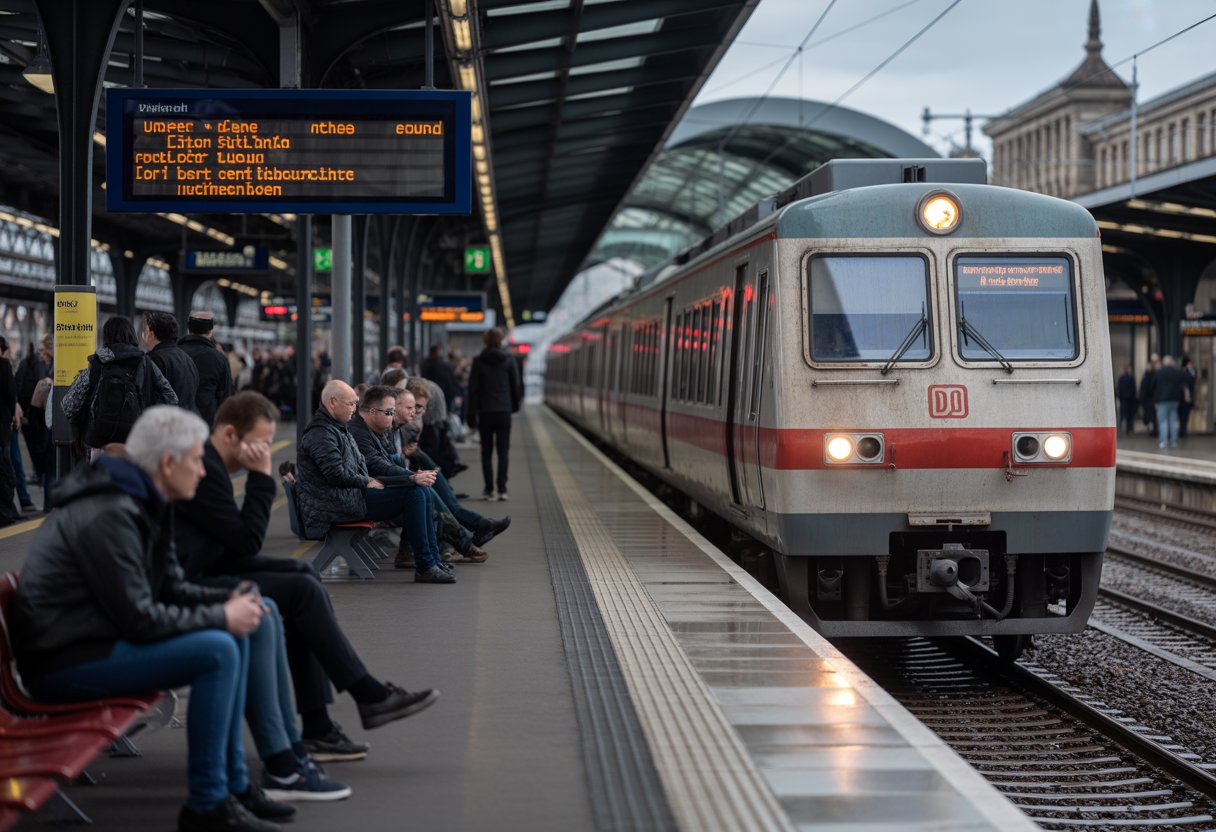 Ein belebter Bahnsteig mit einem stehenden Zug, wartenden und ungeduldigen Fahrgästen unter bewölktem Himmel.