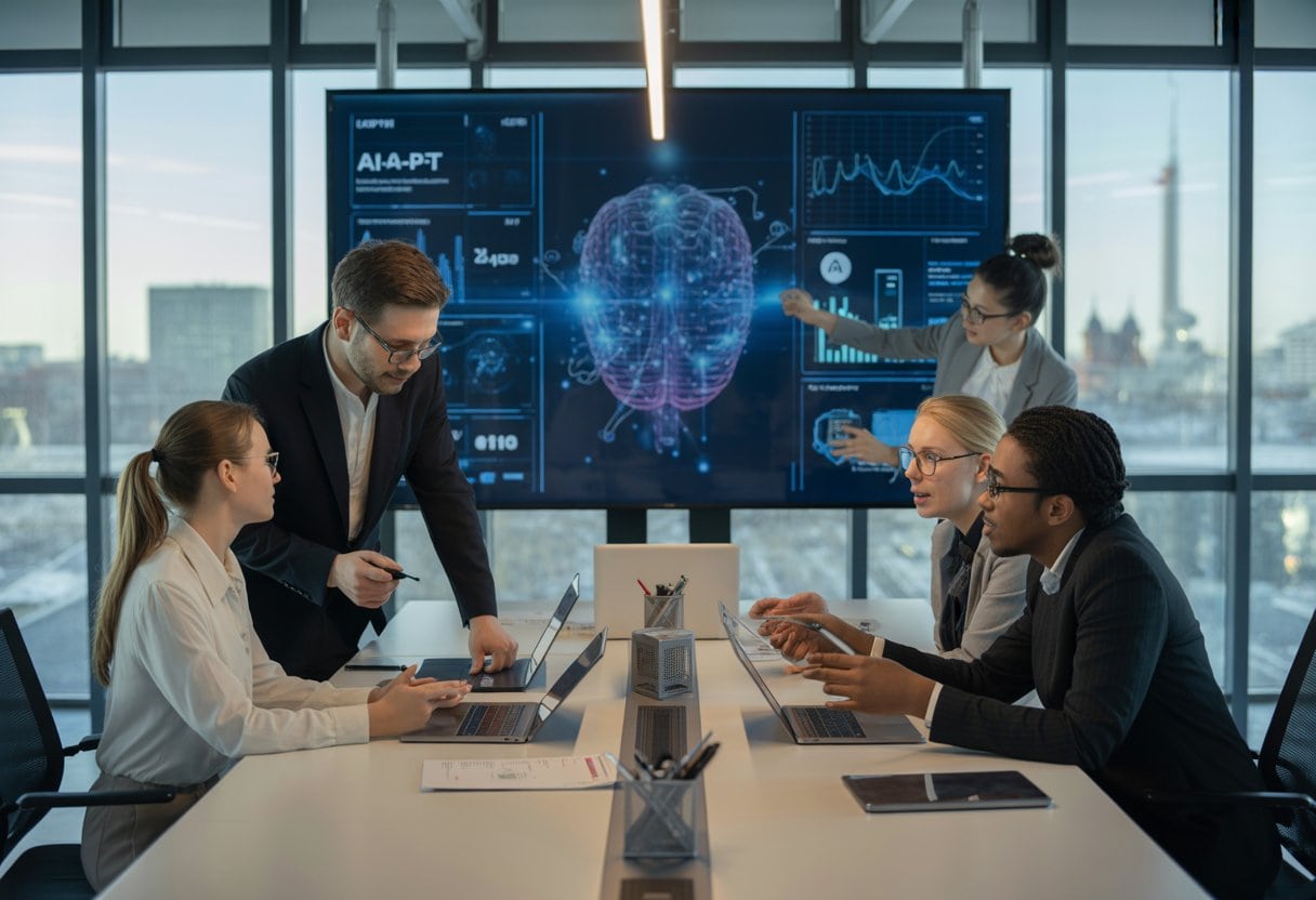 Menschen in einem modernen Büro in Berlin arbeiten zusammen an einem Konferenztisch mit digitalen Geräten, während im Hintergrund ein Bildschirm mit abstrakten Grafiken zu künstlicher Intelligenz zu sehen ist.