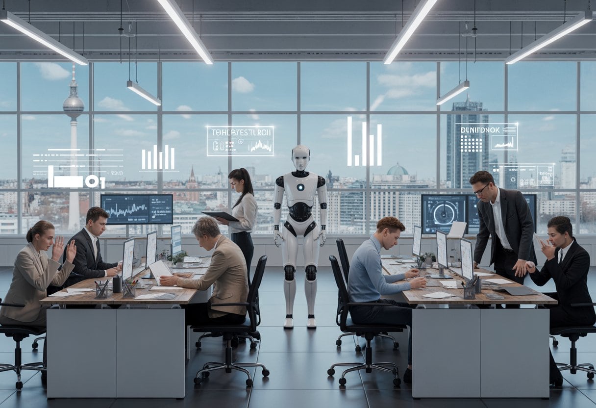 Büroangestellte in einem modernen Berliner Büro wirken angespannt, während ein futuristischer KI-Assistent im Hintergrund zu sehen ist.